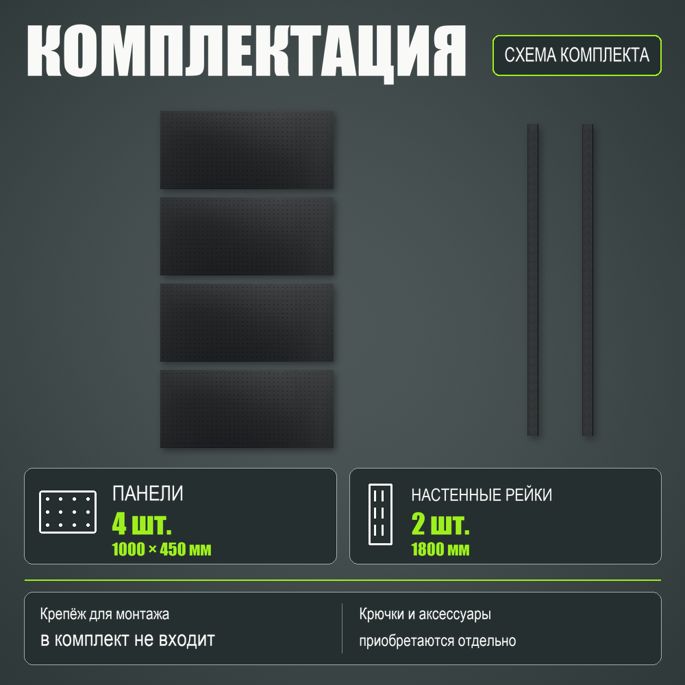 Набор перфопанелей с рейками 1000×1800 h цвет RAL 9005 черный шагрень