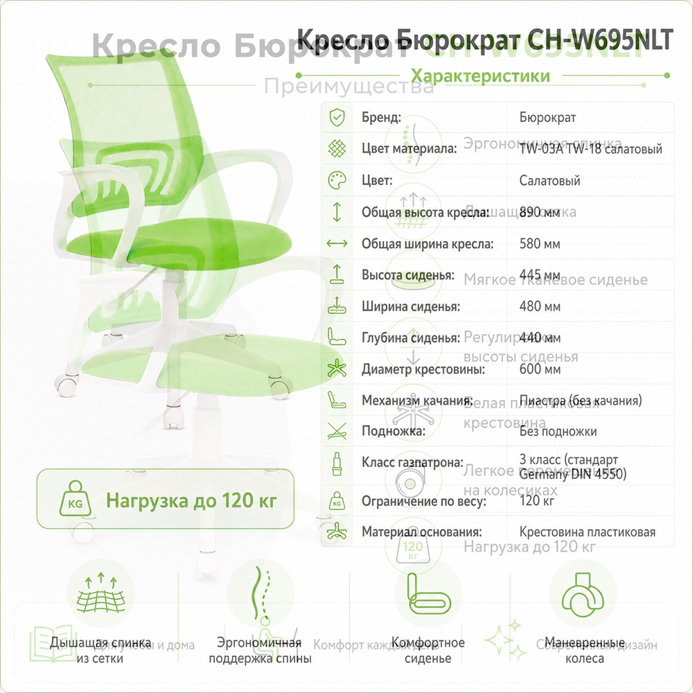 Кресло детское Бюрократ CH-W695NLT салатовый TW-03A TW-18 сетка/ткань крестов. пластик пластик белый