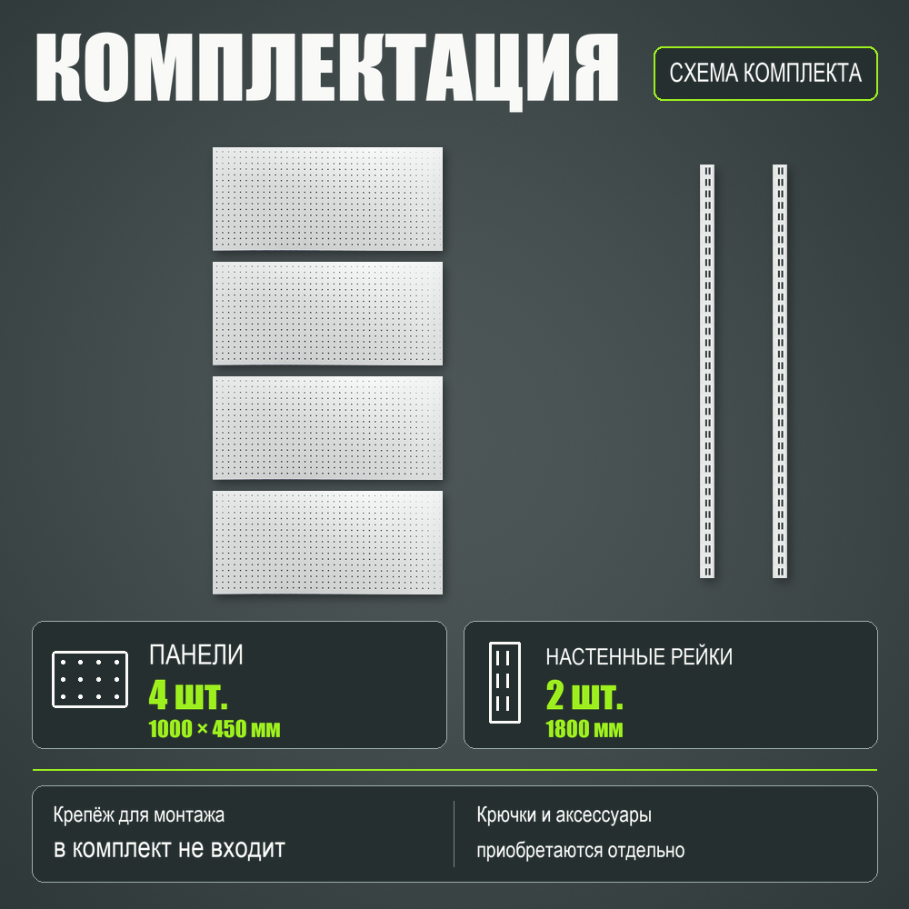 Набор перфопанелей с рейками 1000×1800 h цвет RAL 9016 белый глянец
