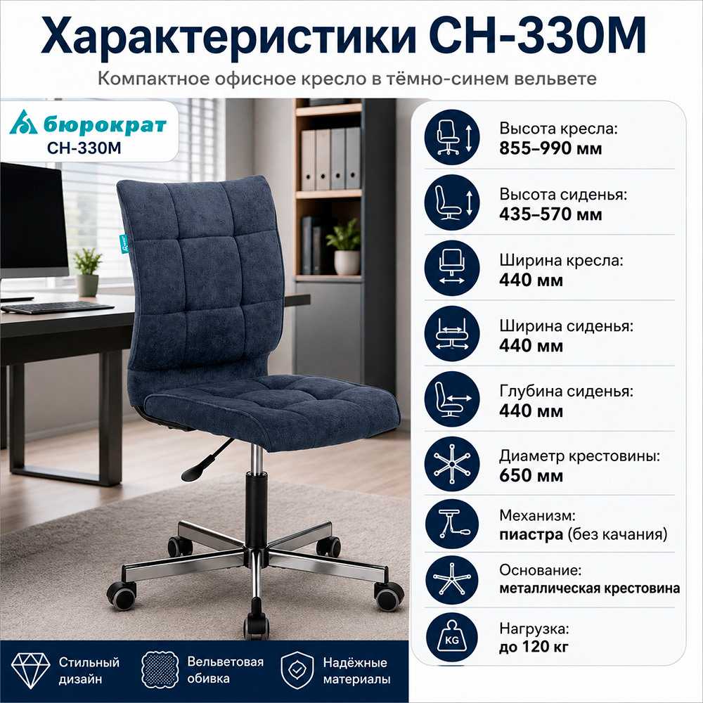 Кресло офисное Бюрократ CH-330M темно-синий Light-27 крестов. металл хром