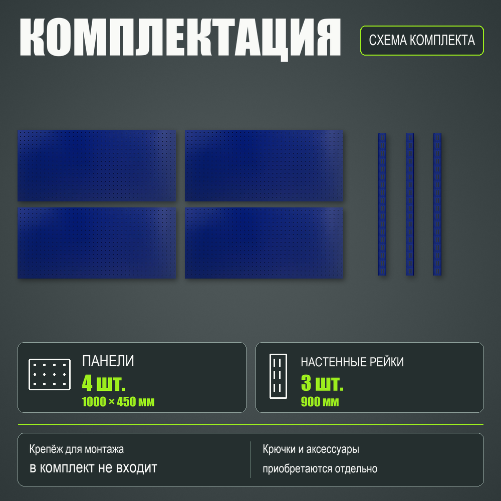 Набор перфопанелей с рейками 2000×900 h цвет RAL 5002 синий шагрень
