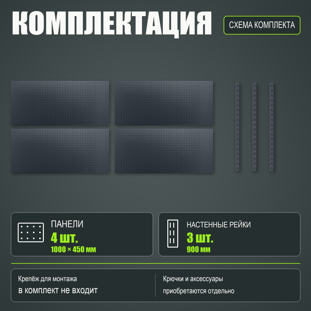 Набор перфопанелей с рейками 2000×900 h цвет RAL 7016 муар