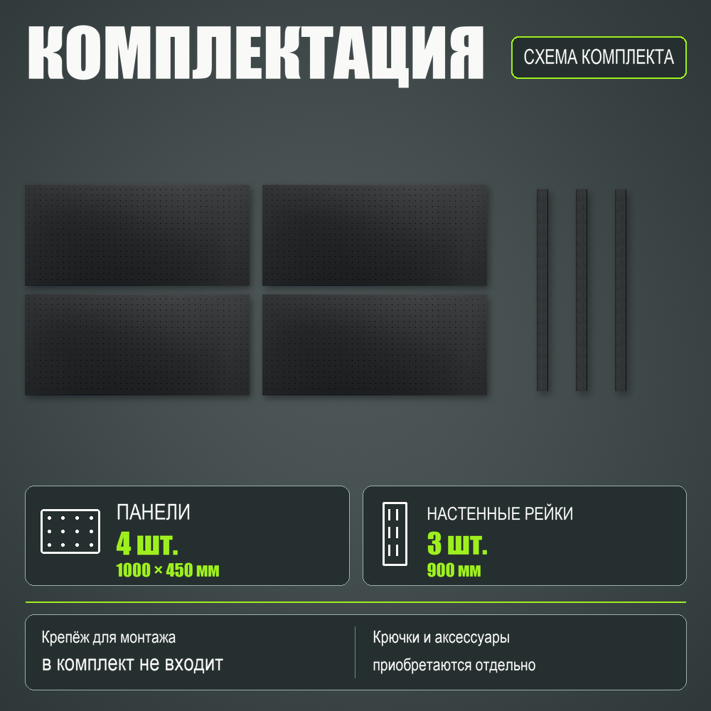 Набор перфопанелей с рейками 2000×900 h цвет RAL 9005 черный шагрень
