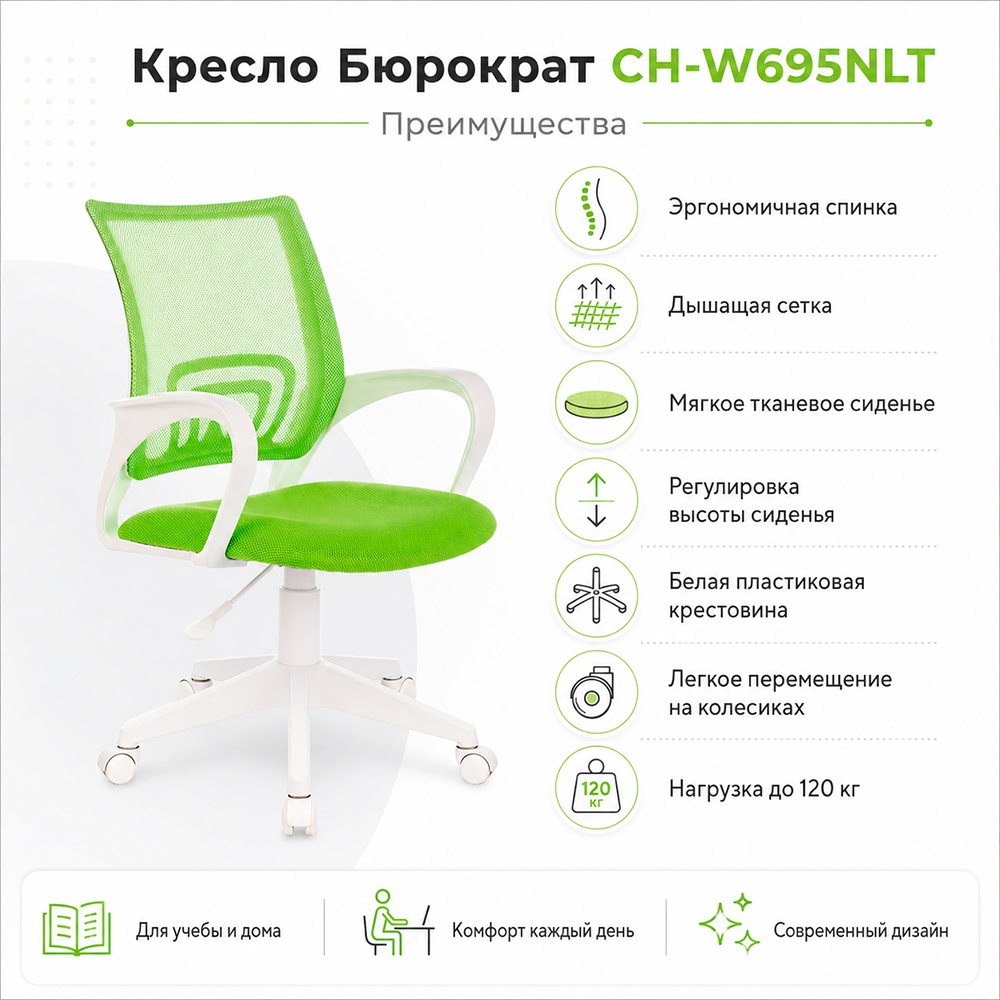 Кресло детское Бюрократ CH-W695NLT салатовый TW-03A TW-18 сетка/ткань крестов. пластик пластик белый
