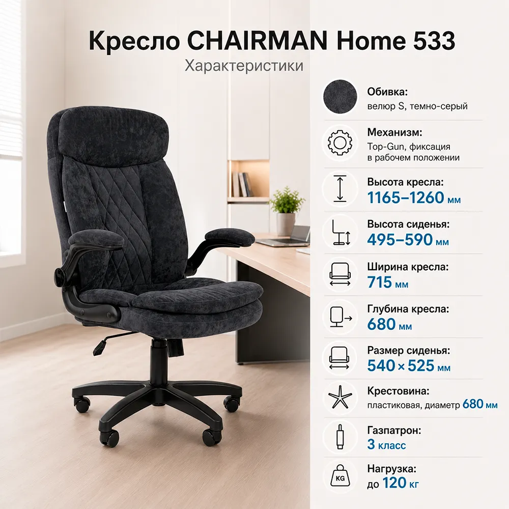 Кресло CHAIRMAN ДОМ 533 (Велюр S темно-серый)