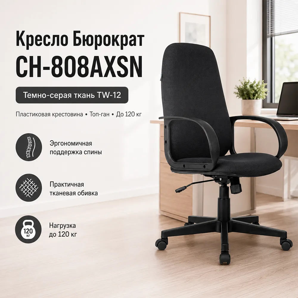 Кресло компьютерное Бюрократ CH-808AXSN темно-серый TW-12 крестов. пластик