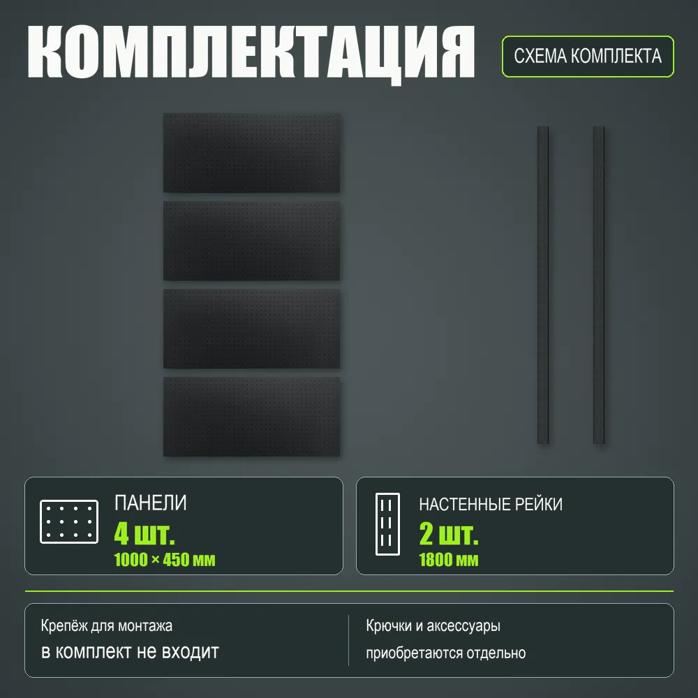 Набор перфопанелей с рейками 1000×1800 h цвет RAL 9005 черный шагрень