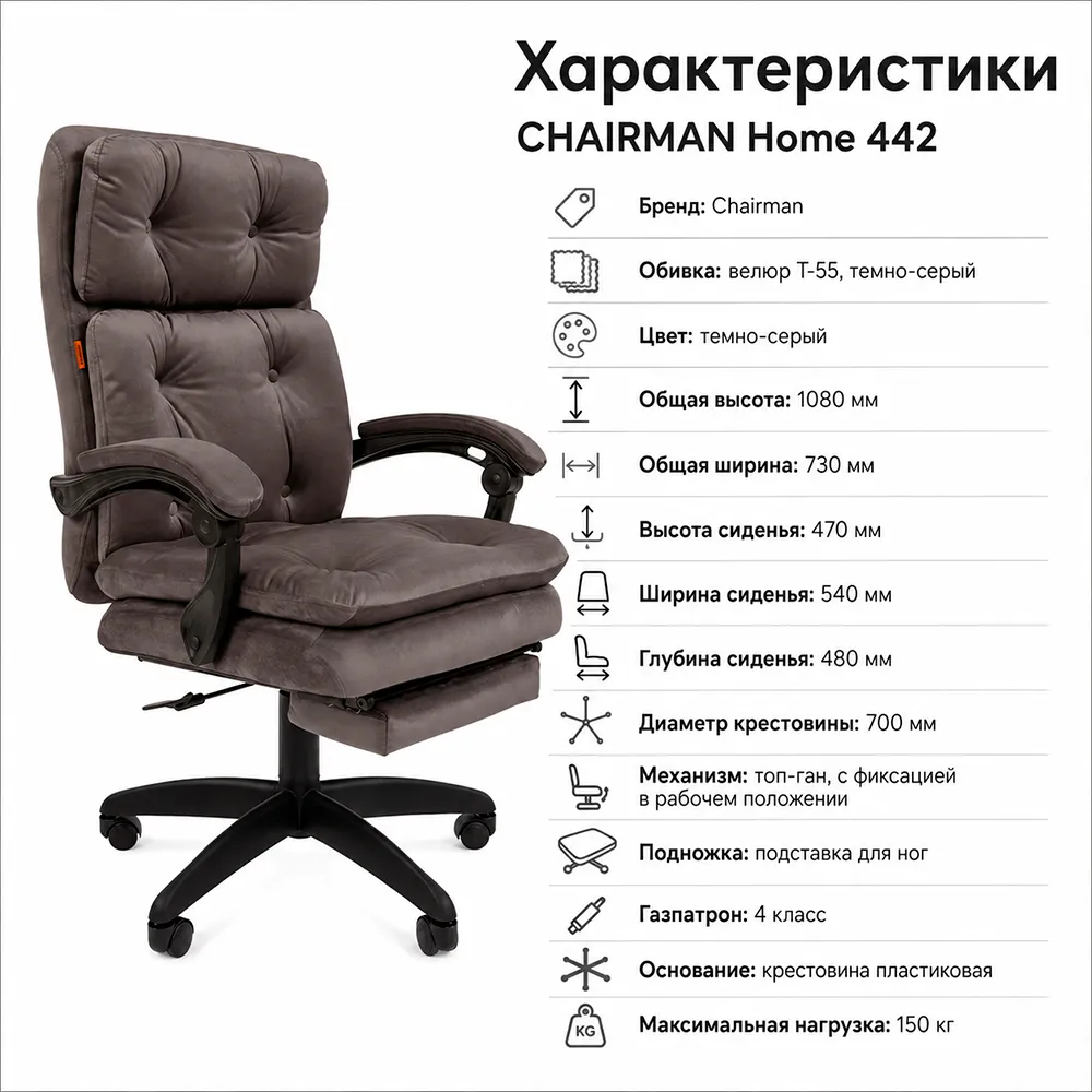 Кресло CHAIRMAN ДОМ 442 Велюр T-55 темно-серый