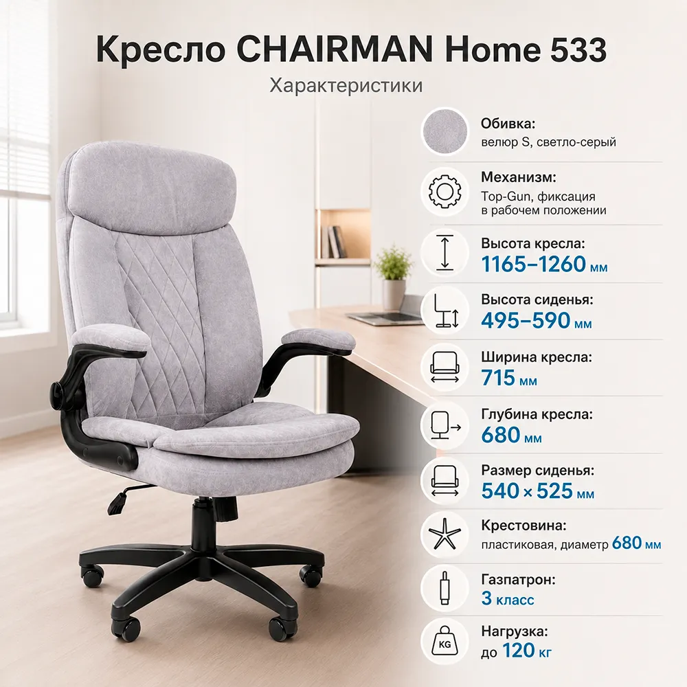 Кресло CHAIRMAN ДОМ 533 (Велюр S светло-серый)