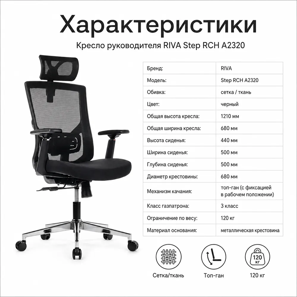 Кресло руководителя RIVA Step RCH A2320 (сетка/ткань черный)