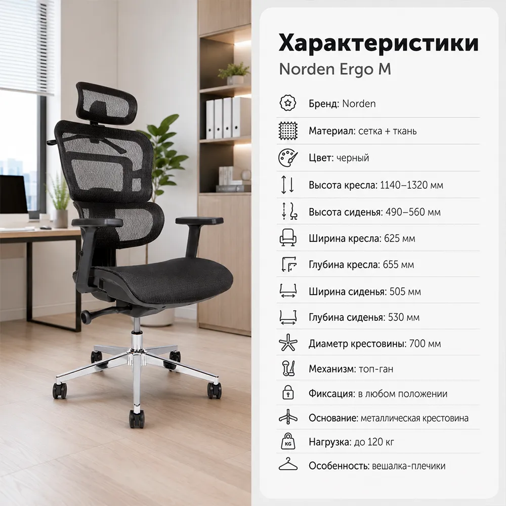 Кресло офисное Norden Ergo M (Сетка черная)