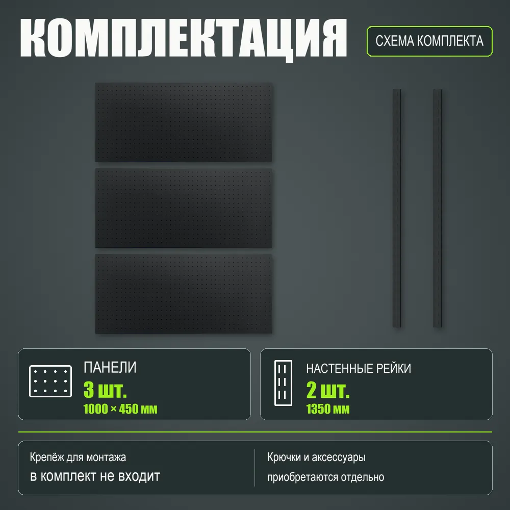 Набор перфопанелей с рейками 1000×1350 h цвет RAL 9005 черный шагрень